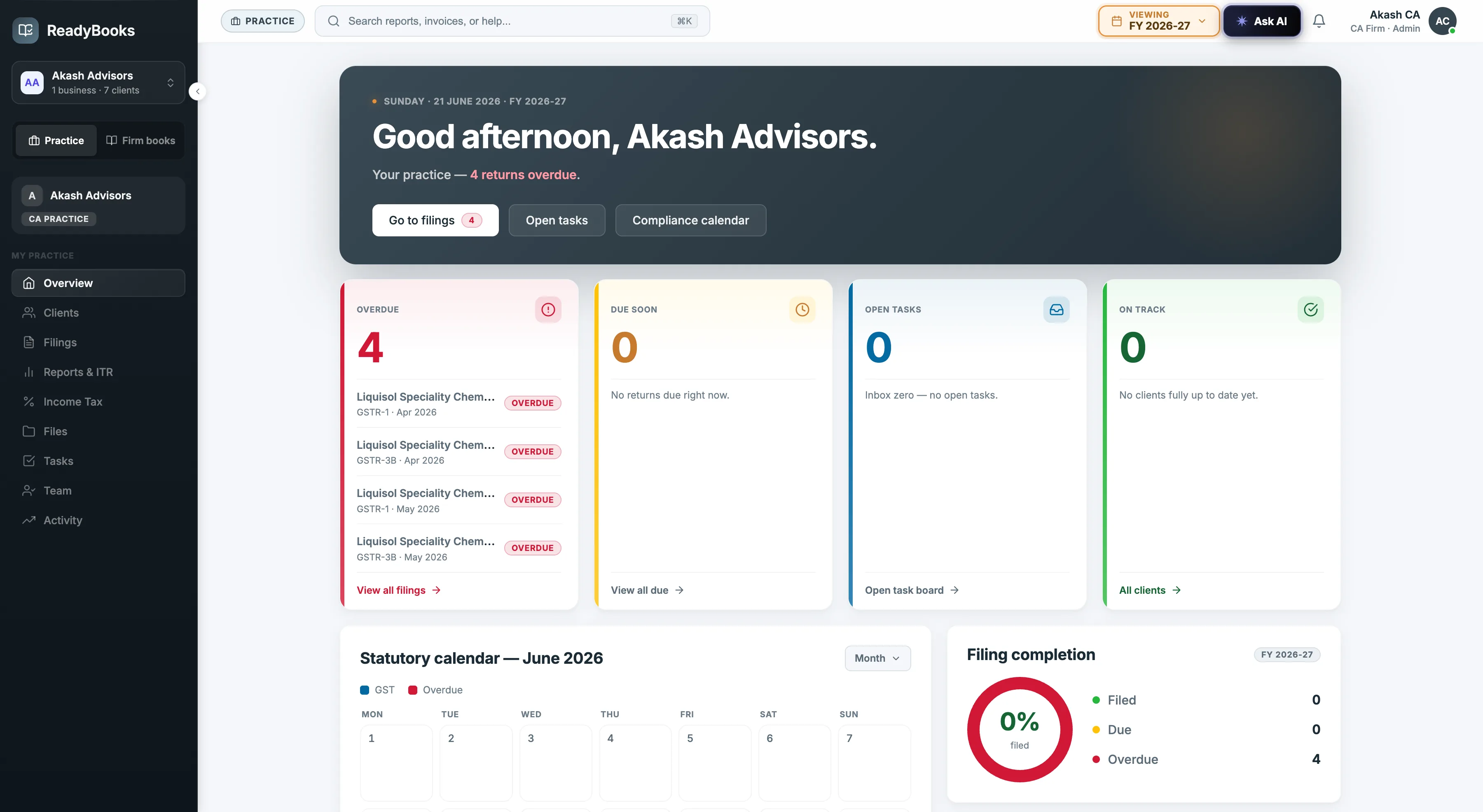 ReadyBooks CA practice dashboard with overdue filings, statutory calendar, and portfolio health