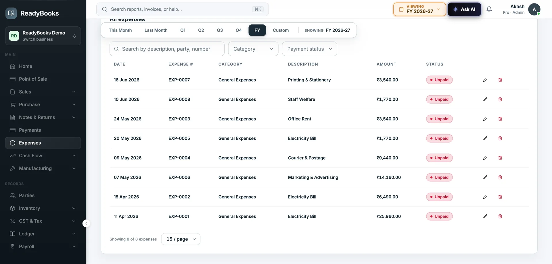ReadyBooks expense management screen with categorised expenses and totals