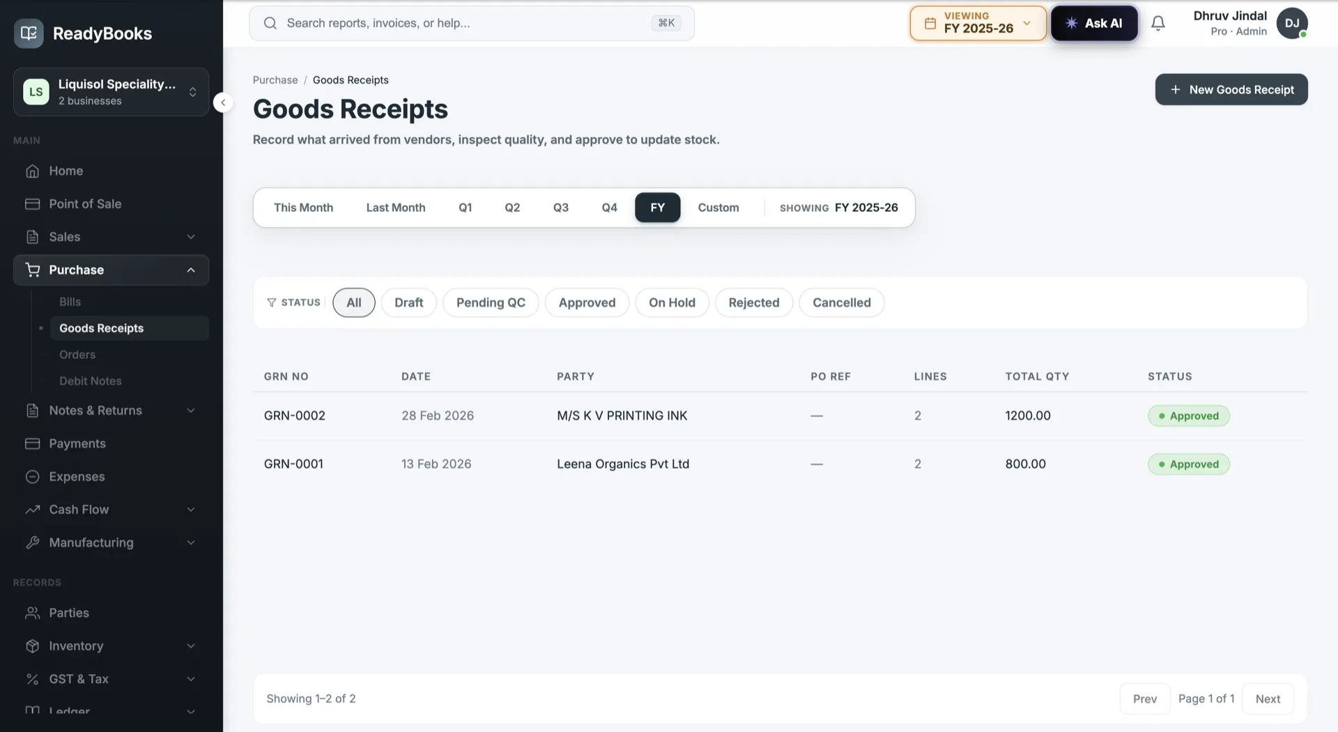 ReadyBooks Goods Receipts screen with approved GRNs and QC status filters