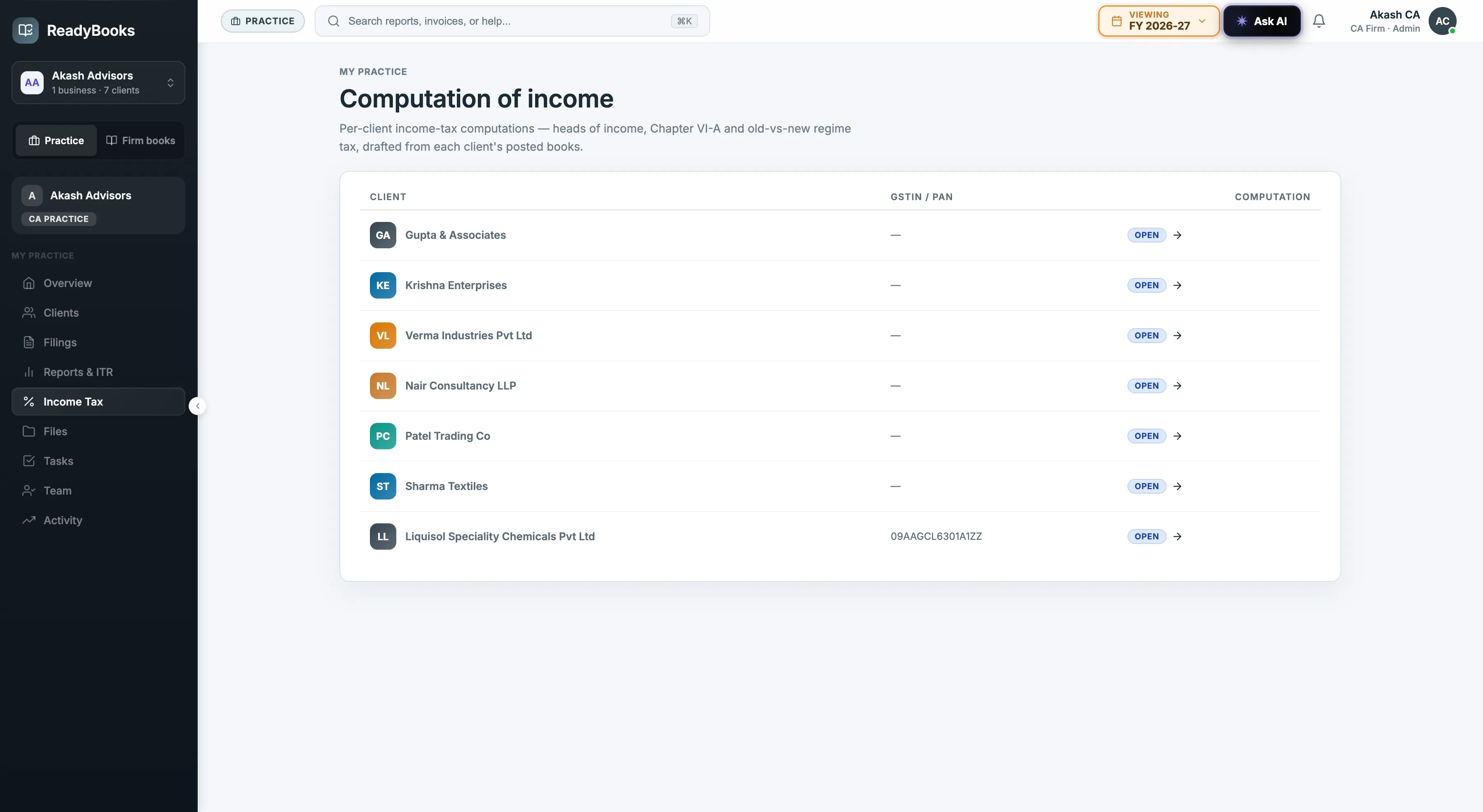 ReadyBooks per-client income-tax computation list for a CA firm across assessees