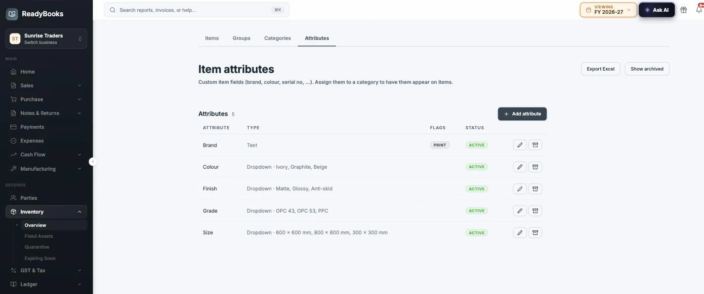 Item attributes master listing five tenant-defined attributes — Brand as Text, and Colour, Finish, Grade and Size as Dropdowns with their option lists shown — with a Print flag badge on Brand