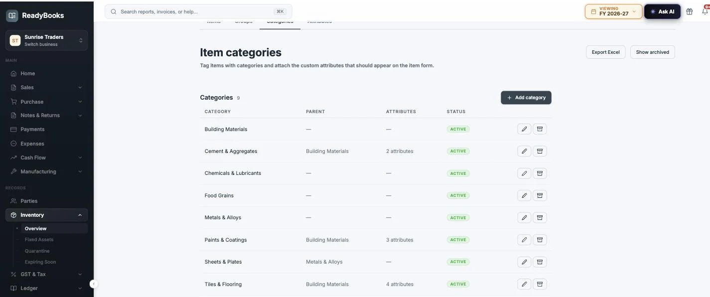 Item categories master showing nine categories with a real parent hierarchy — Cement & Aggregates, Paints & Coatings and Tiles & Flooring under Building Materials — and per-category attribute counts