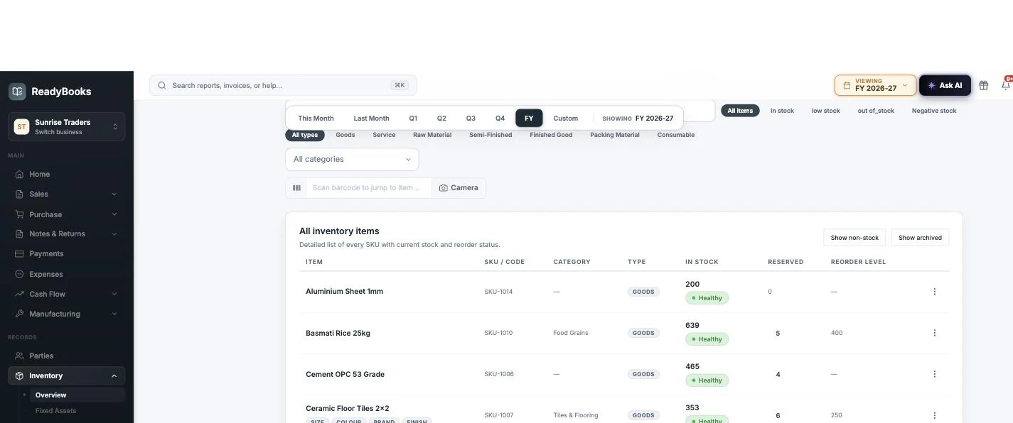 Inventory items table with SKU, category, item-type and in-stock columns, stock-status filters for low, out-of-stock and negative stock, a scan-barcode-to-jump-to-item bar, and variant attribute chips under a variant-tracked item