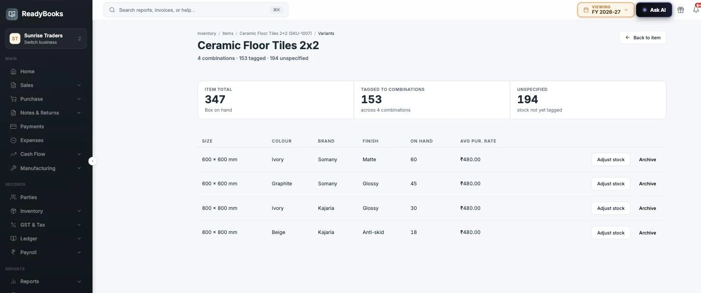 Per-item variant register showing 4 combinations, 153 units tagged to combinations and 194 unspecified against an item total of 347, with a table of size, colour, brand and finish combinations, per-combination on-hand stock and average purchase rate