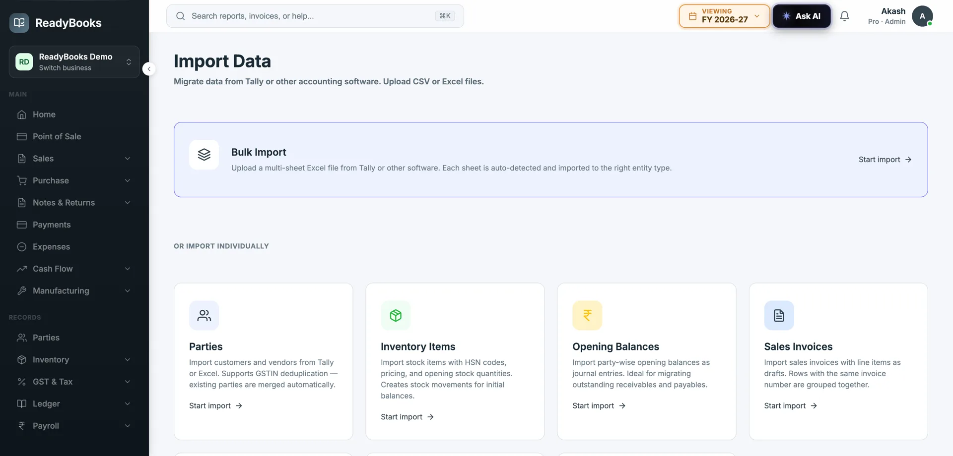 ReadyBooks import screen for migrating data from Tally XML and Excel